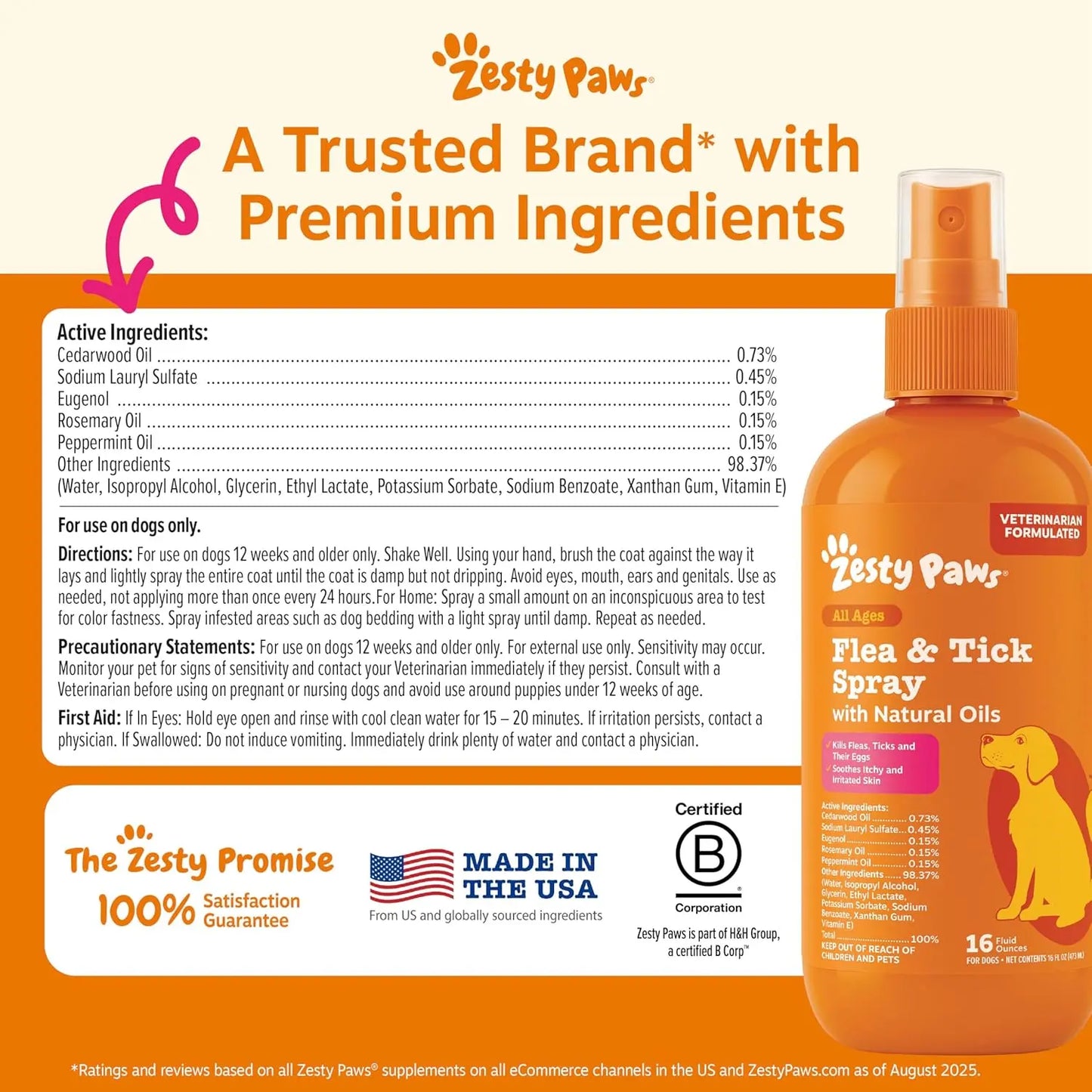 Zesty Paws Flea & Tick Natural Soothing Spray for Dogs 16 fl oz