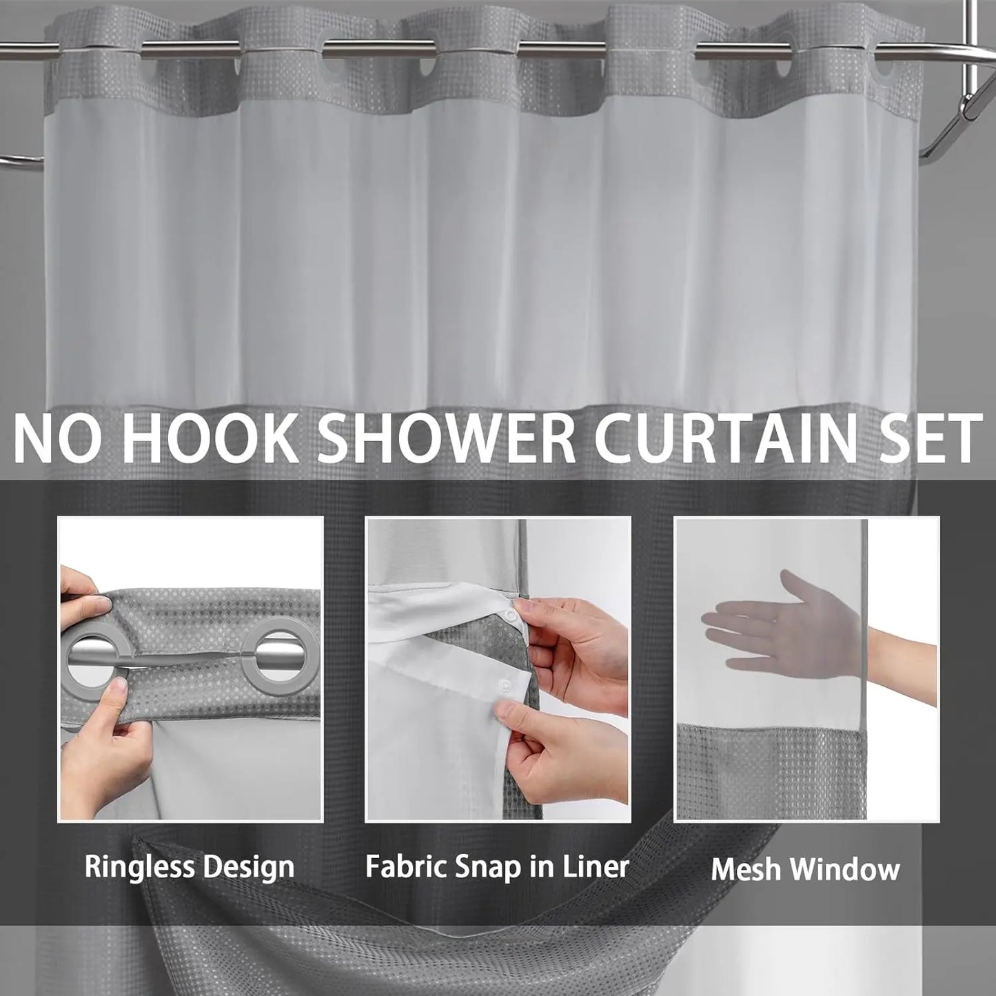 No Hook Shower Curtain with Snap in Liner