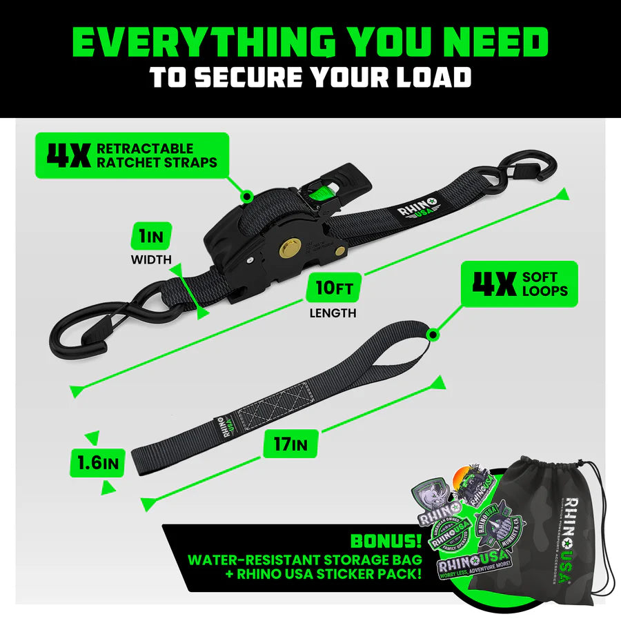 Rhino USA 1" x 10' Retractable Ratchet Straps