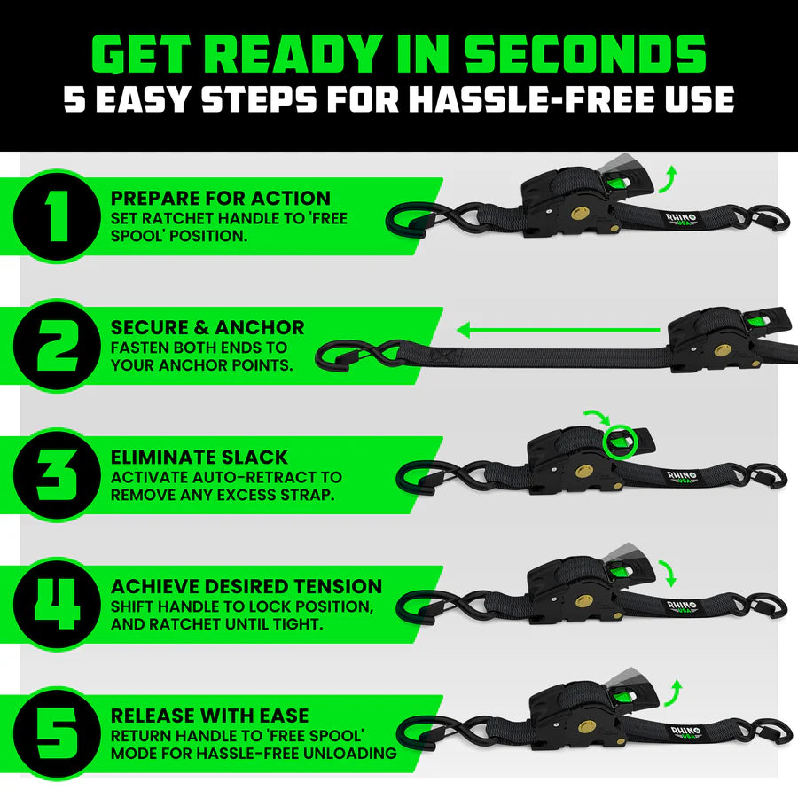Rhino USA 1" x 10' Retractable Ratchet Straps