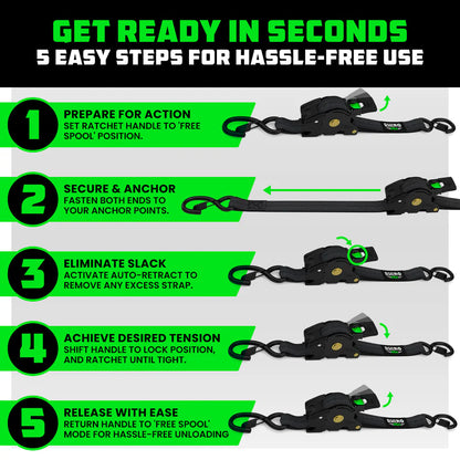 Rhino USA 1" x 10' Retractable Ratchet Straps