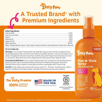 Zesty Paws Flea & Tick Natural Soothing Spray for Dogs 16 fl oz